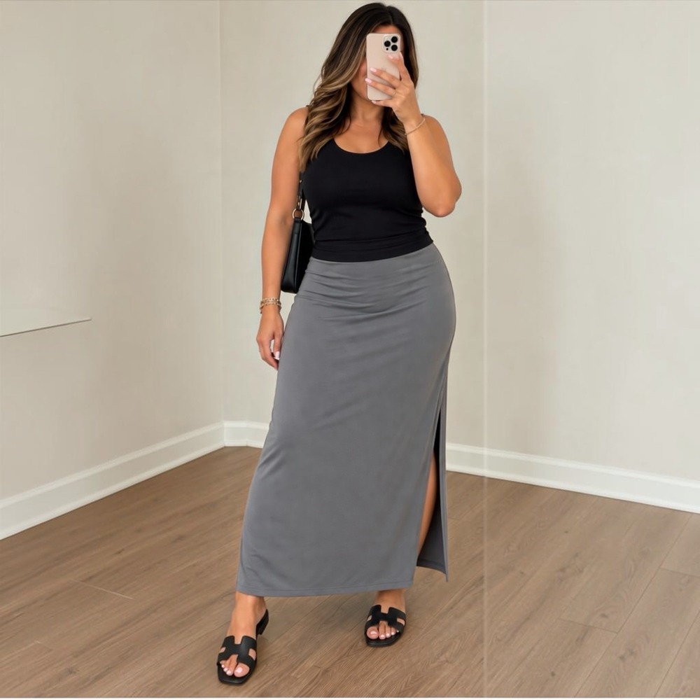 Lerner New York Y2K Gray Maxi Skirt Side Slit Rayon Blend NWT Large L Womens